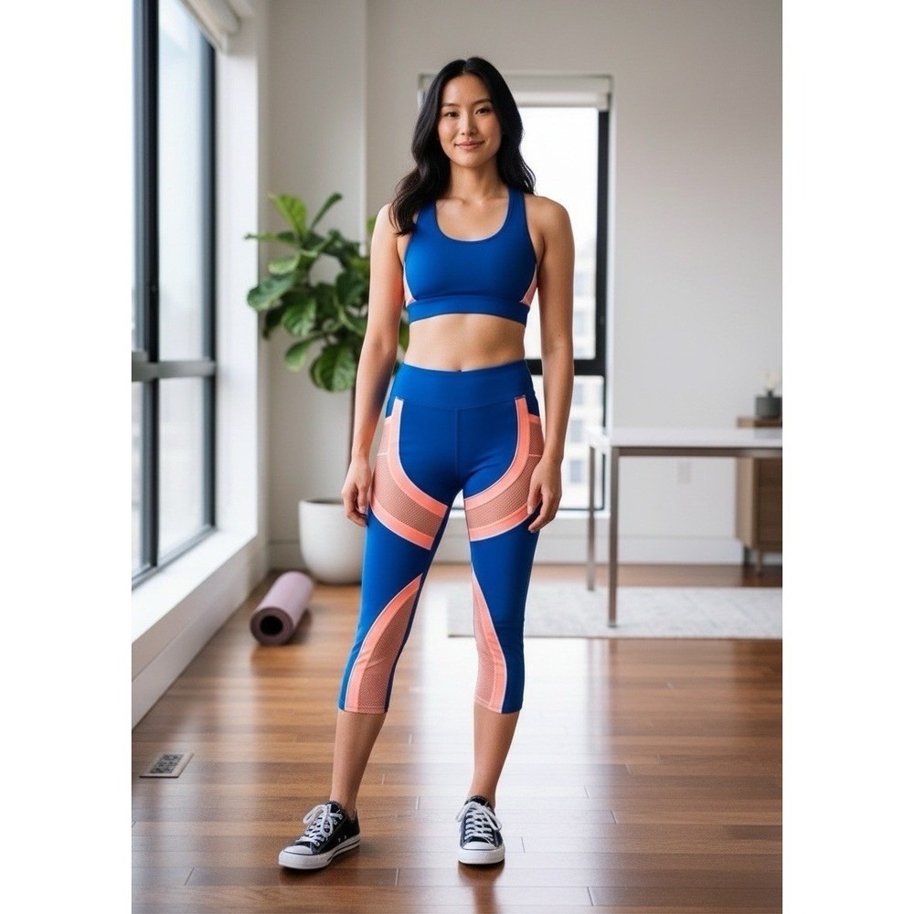 BSP Women Royal Blue Peach Mesh Panel High Rise Cropped Leggings Pockets XL